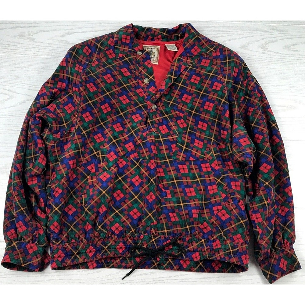Vintage 90s Silk Jacket Women Small Geo Plaid 1/4 Button Long Sleeve Kriss Kross